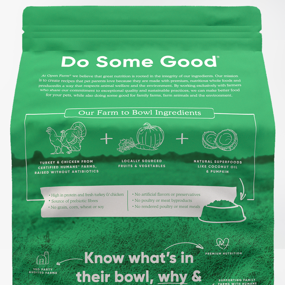 Open Farm Homestead Turkey & Chicken Dry Dog Food packaging back 