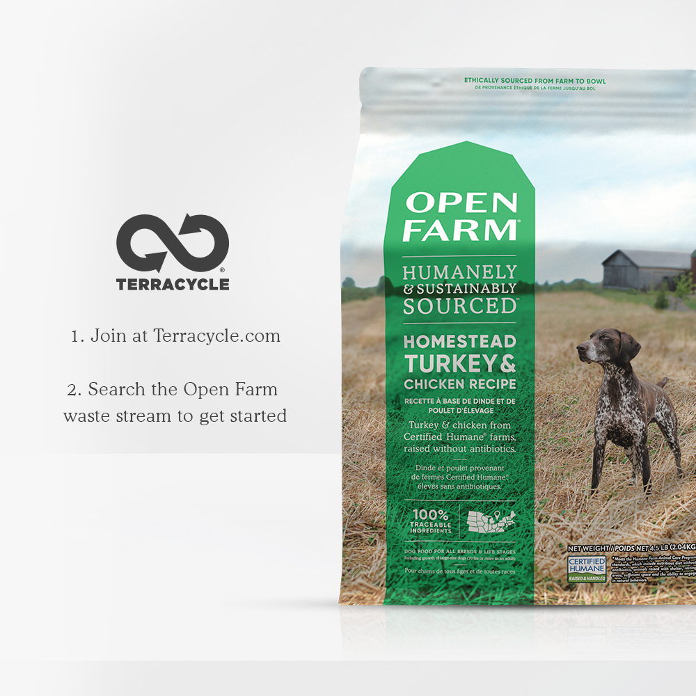 Open Farm Homestead Turkey & Chicken Dry Dog Food with recycleable packaging 